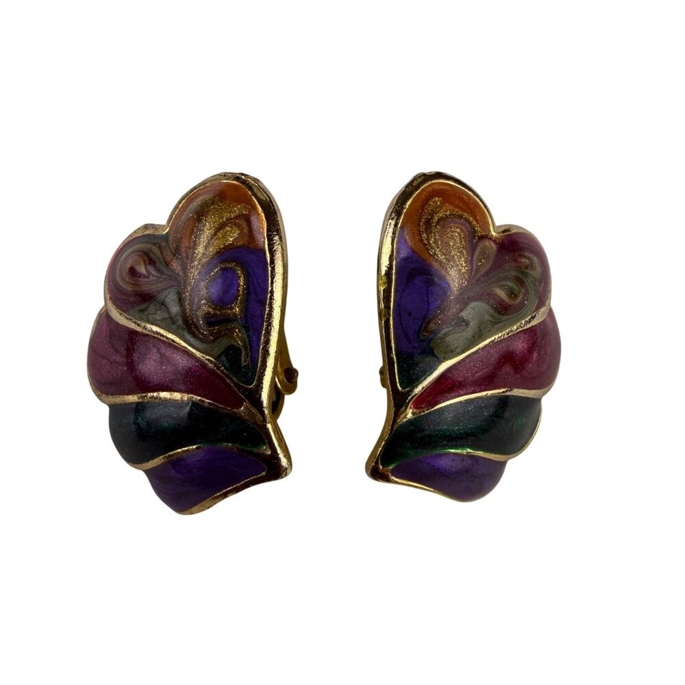 Vintage Unknown Womens Multicolor Gold Tone Enamel Clip-On Earrings Bold Design